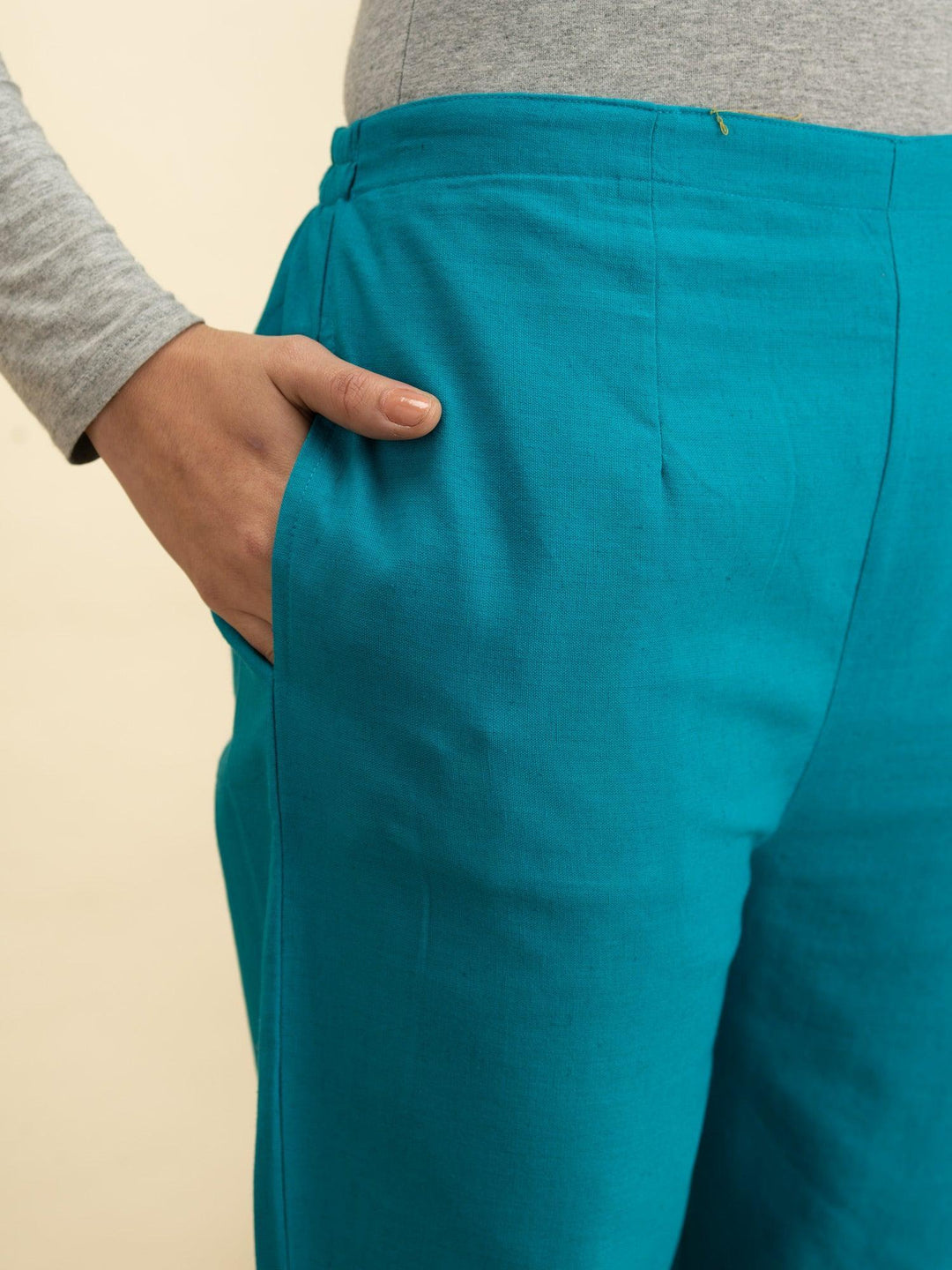 Blue Solid Cotton Trousers - ShopLibas 