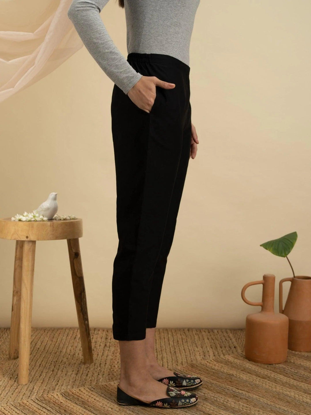Black Solid Cotton Trousers - ShopLibas 