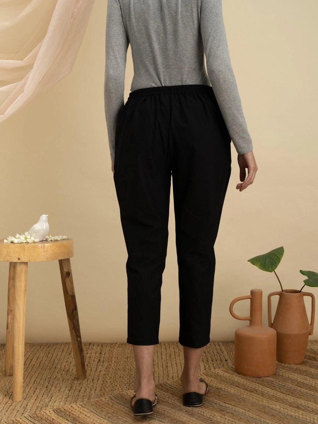 Black Solid Cotton Trousers - ShopLibas 