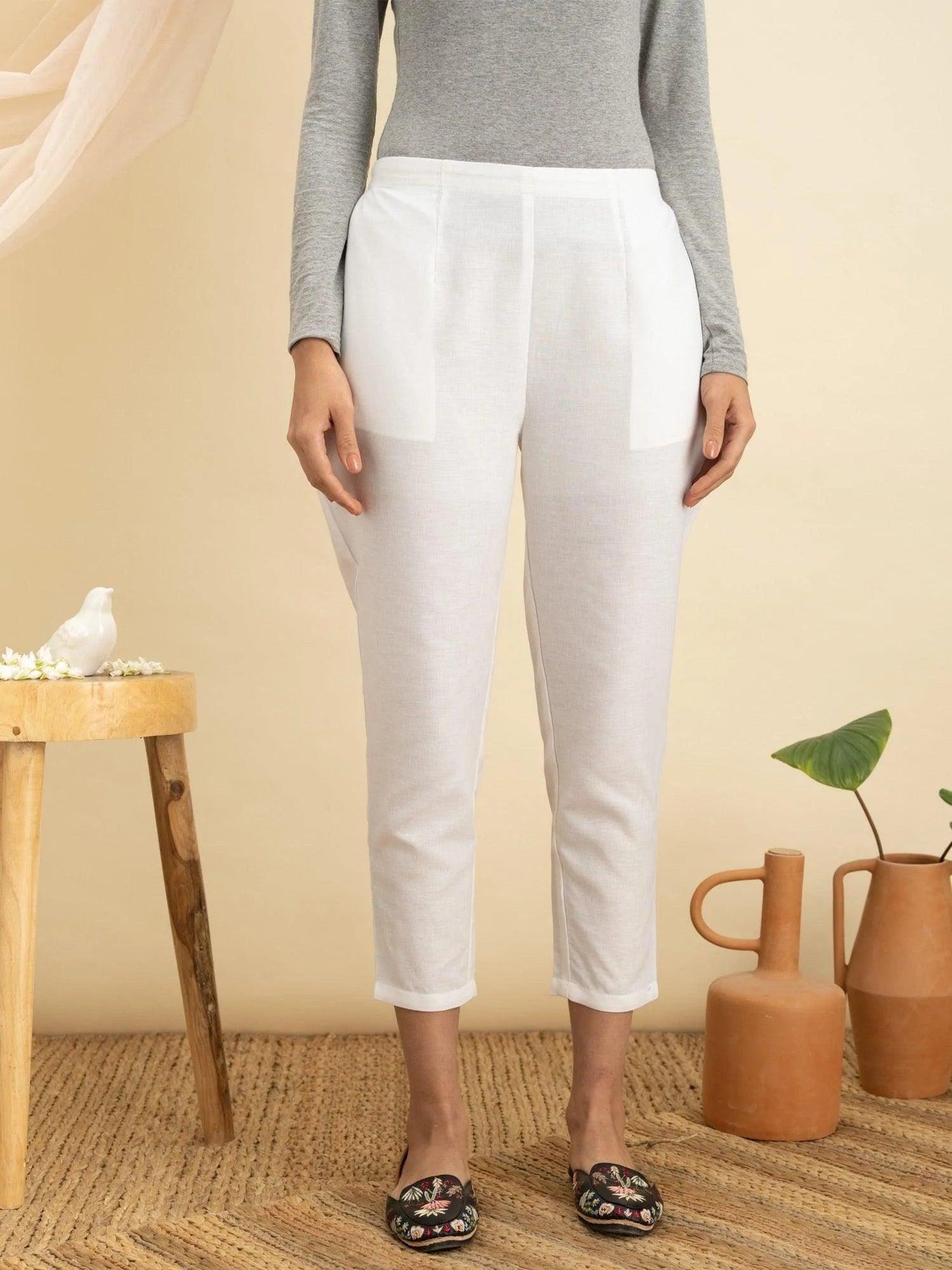White Solid Cotton Trousers - ShopLibas