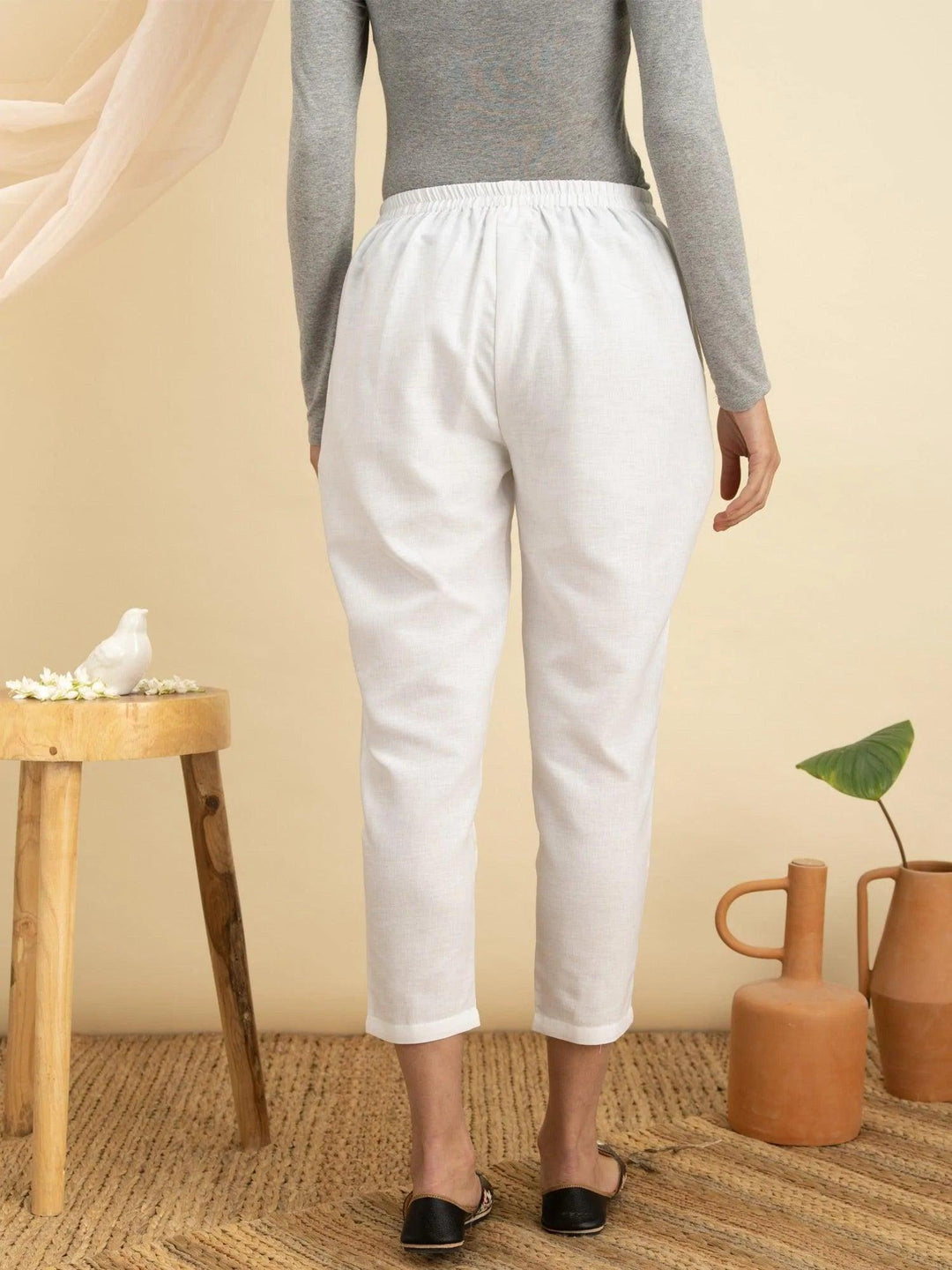 White Solid Cotton Trousers - ShopLibas 