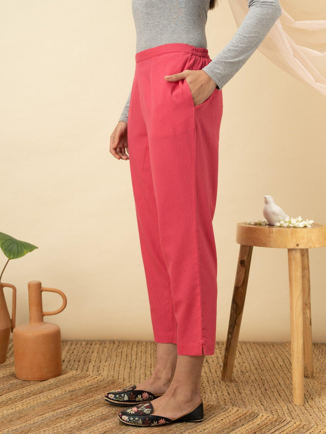 Magenta Solid Cotton Trousers - ShopLibas 