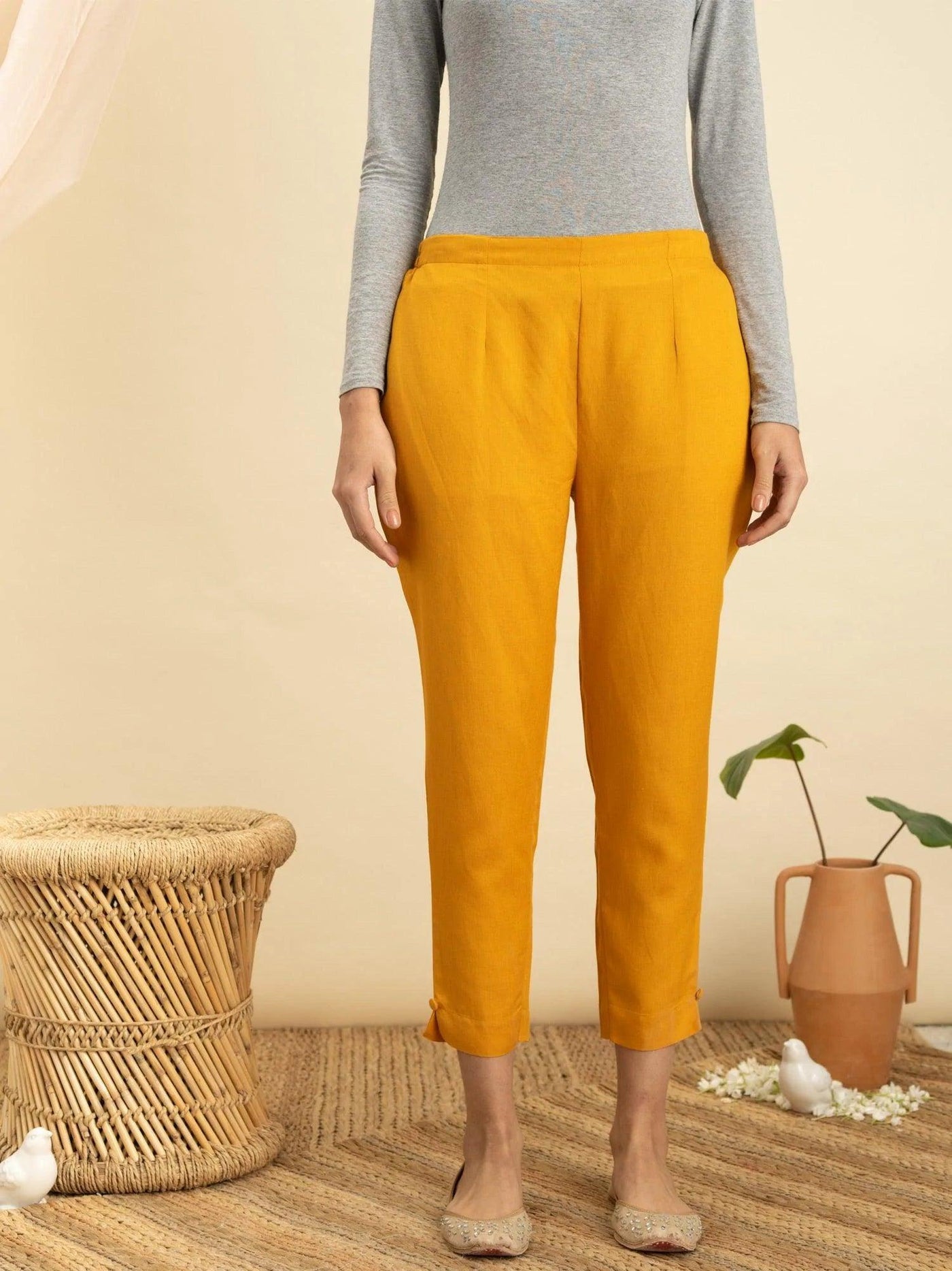 Yellow Solid Cotton Trousers - ShopLibas