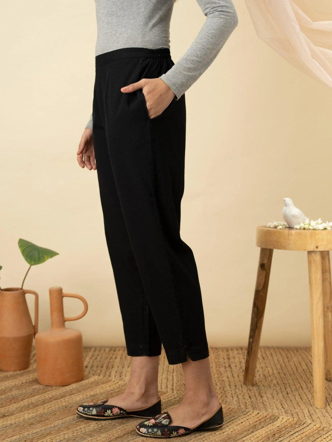 Navy Blue Solid Cotton Trousers - ShopLibas 