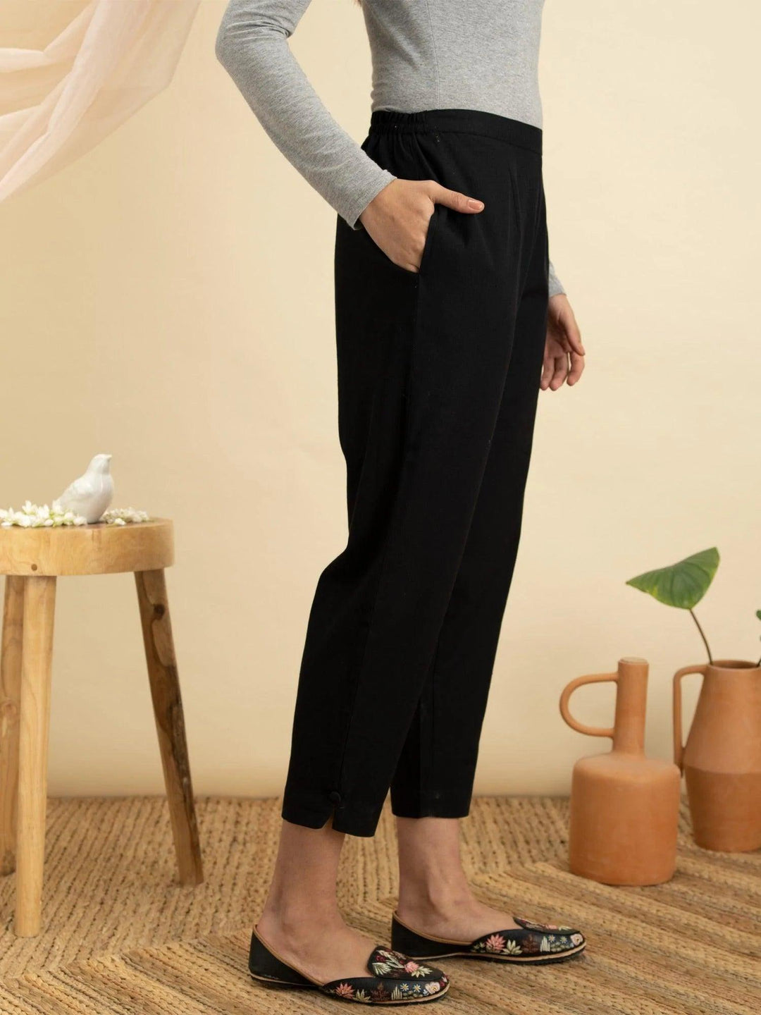 Navy Blue Solid Cotton Trousers - ShopLibas 