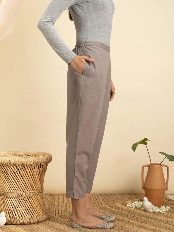 Grey Solid Cotton Trousers
