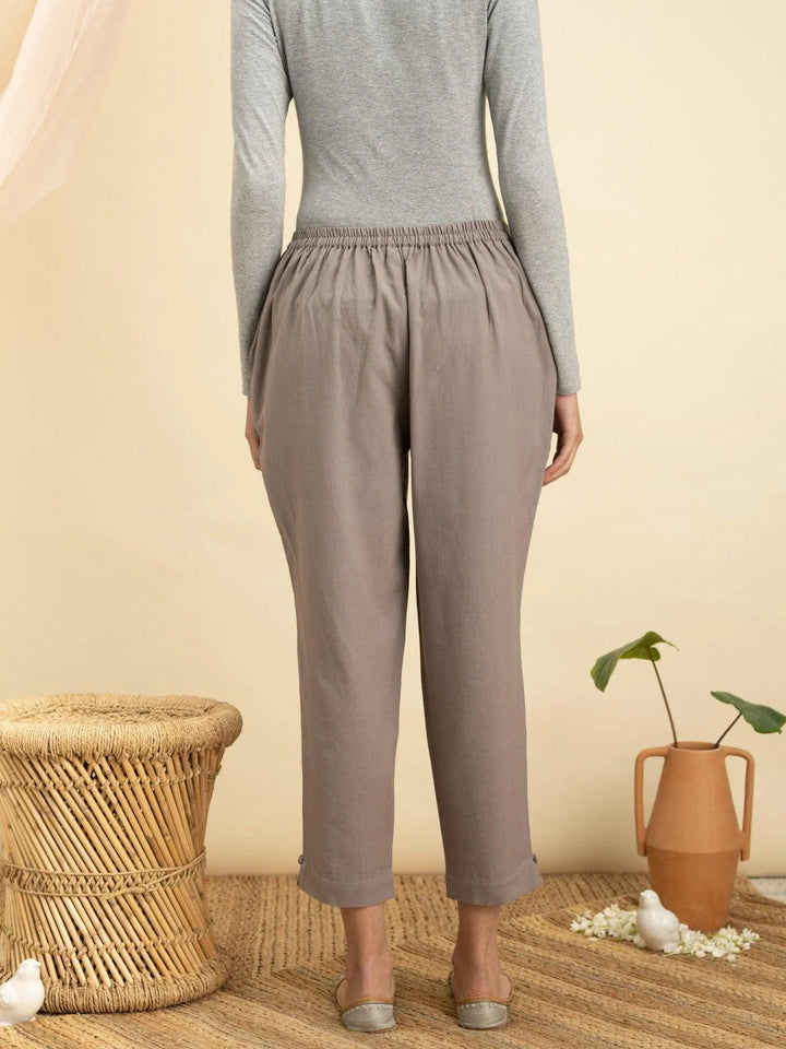 Grey Solid Cotton Trousers