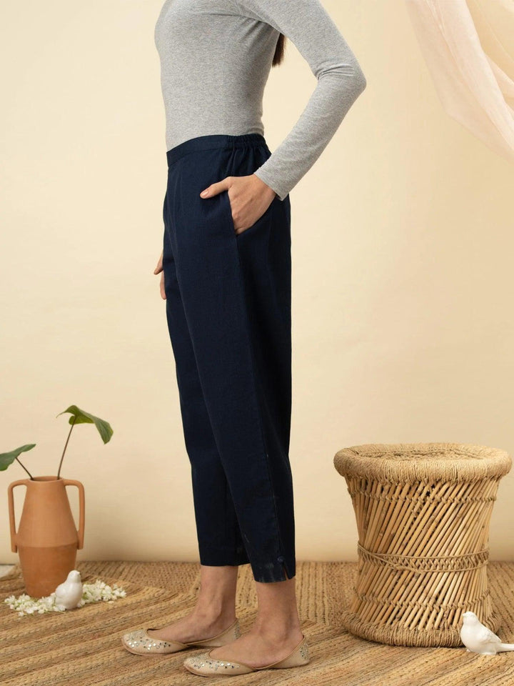 Navy Blue Solid Cotton Trousers - ShopLibas