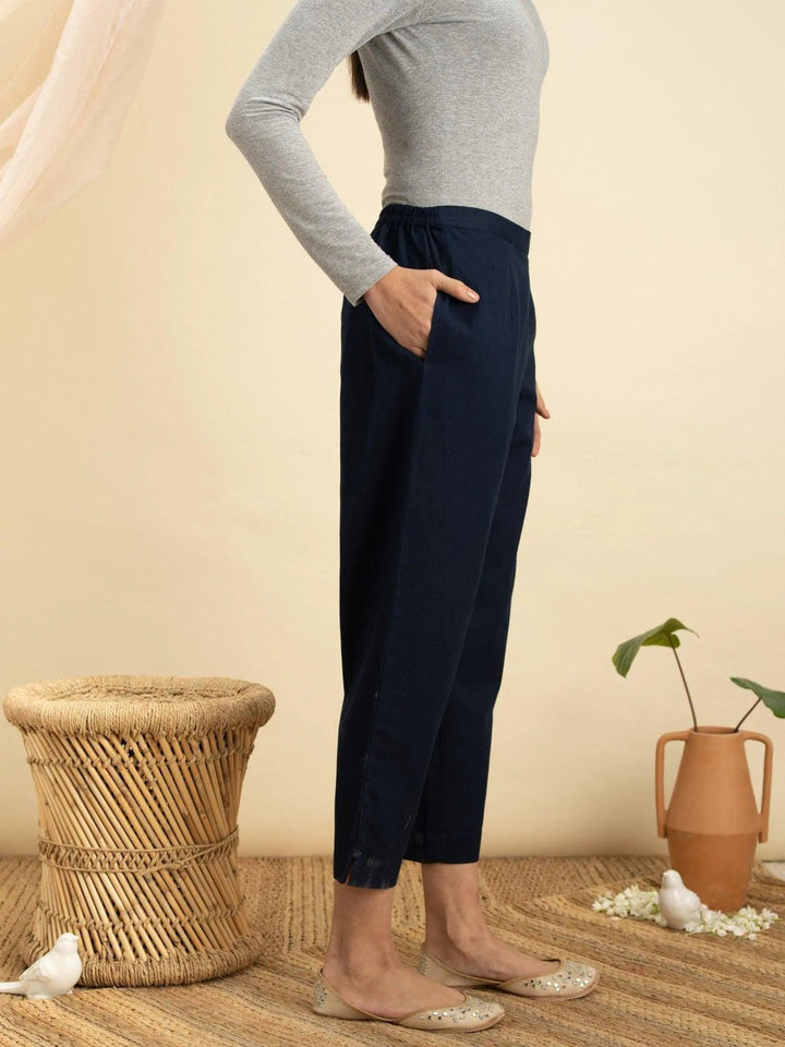 Navy Blue Solid Cotton Trousers - ShopLibas