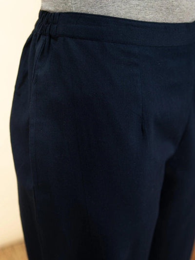 Navy Blue Solid Cotton Trousers - ShopLibas