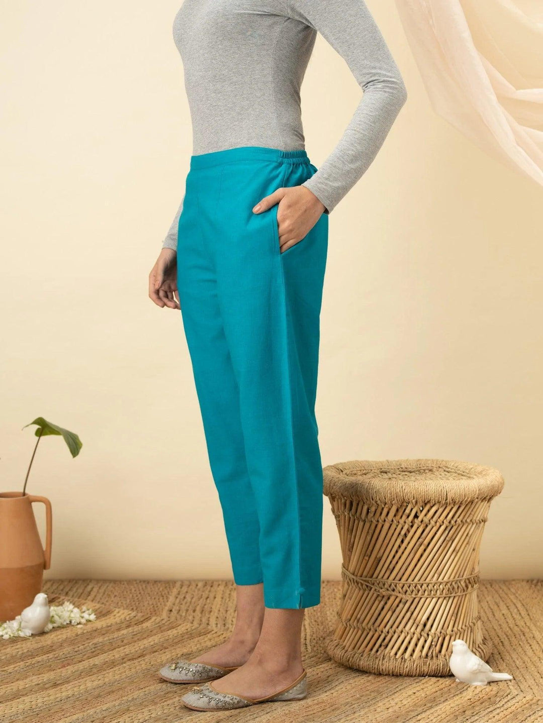 Blue Solid Cotton Trousers - ShopLibas 