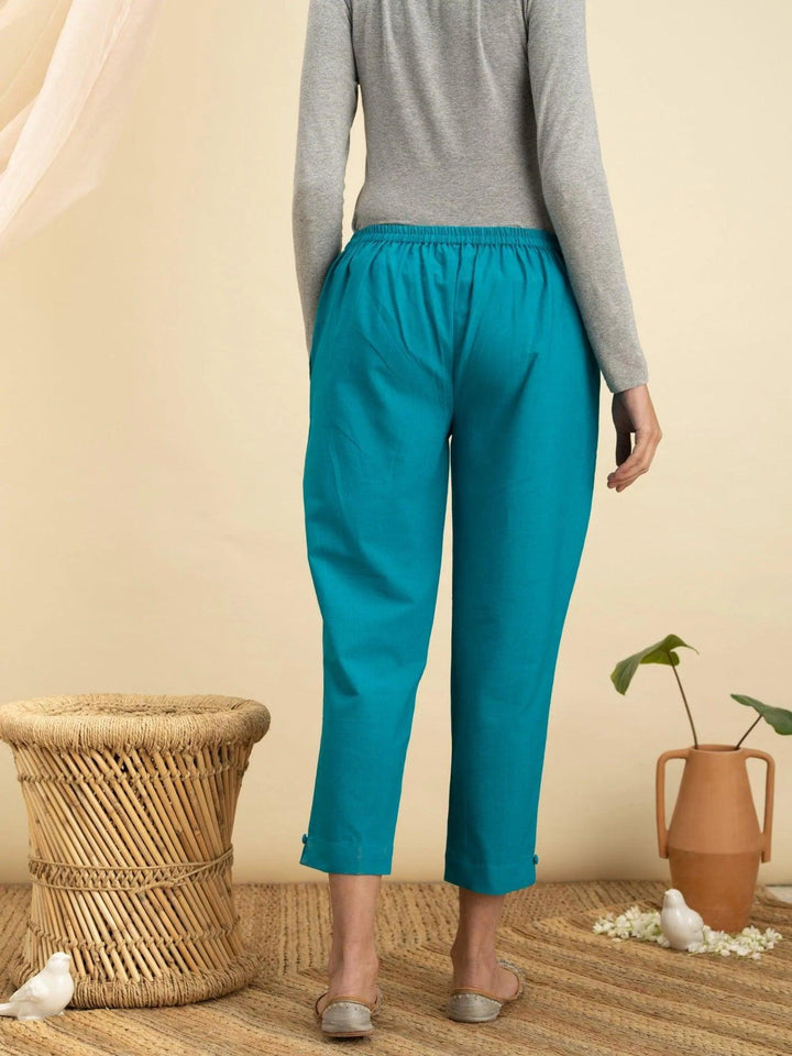 Blue Solid Cotton Trousers