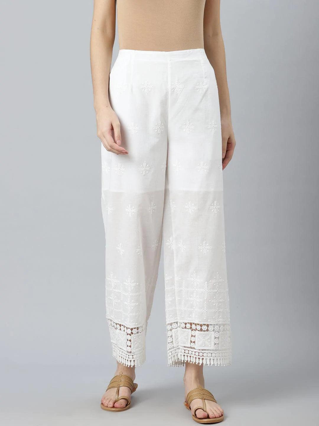 White Embroidered Cotton Palazzos - ShopLibas 