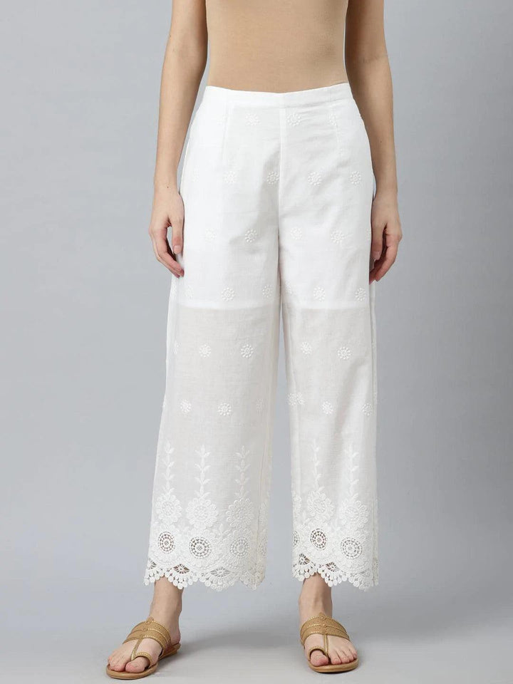 White Embroidered Cotton Palazzos