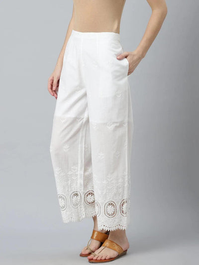 White Embroidered Cotton Palazzos - ShopLibas