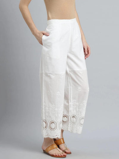 White Embroidered Cotton Palazzos - ShopLibas