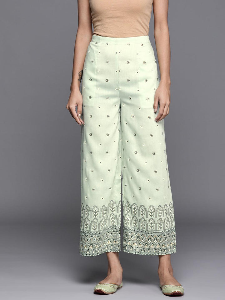 Green Printed Silk Palazzos - ShopLibas