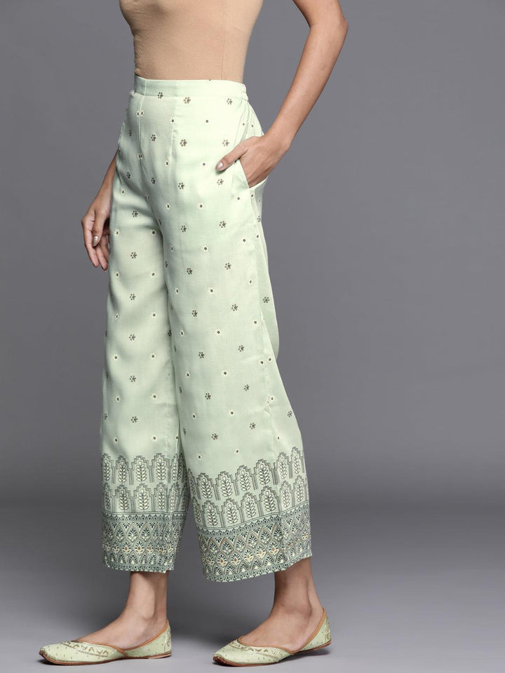Green Printed Silk Palazzos - ShopLibas