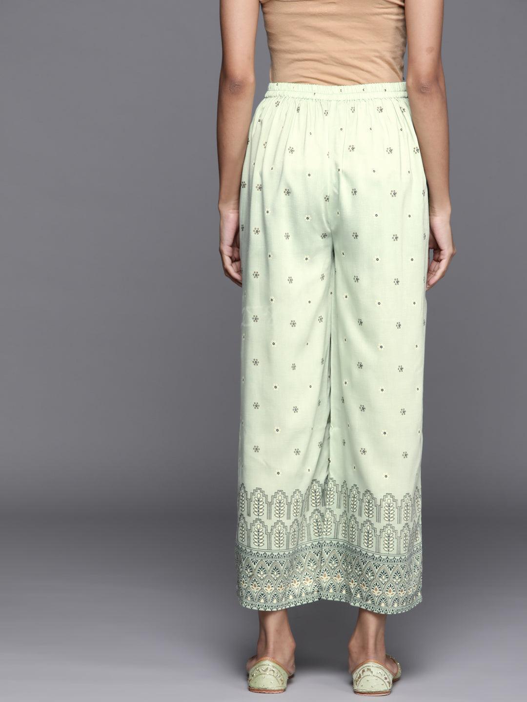 Green Printed Silk Palazzos - ShopLibas