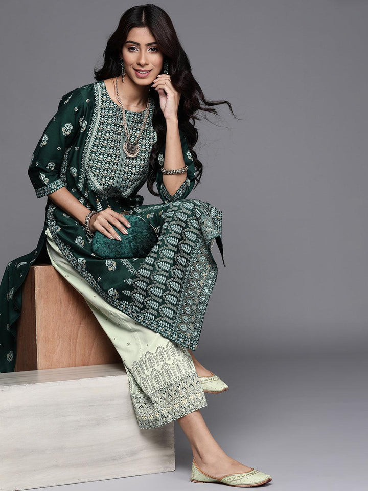 Green Printed Silk Palazzos - ShopLibas