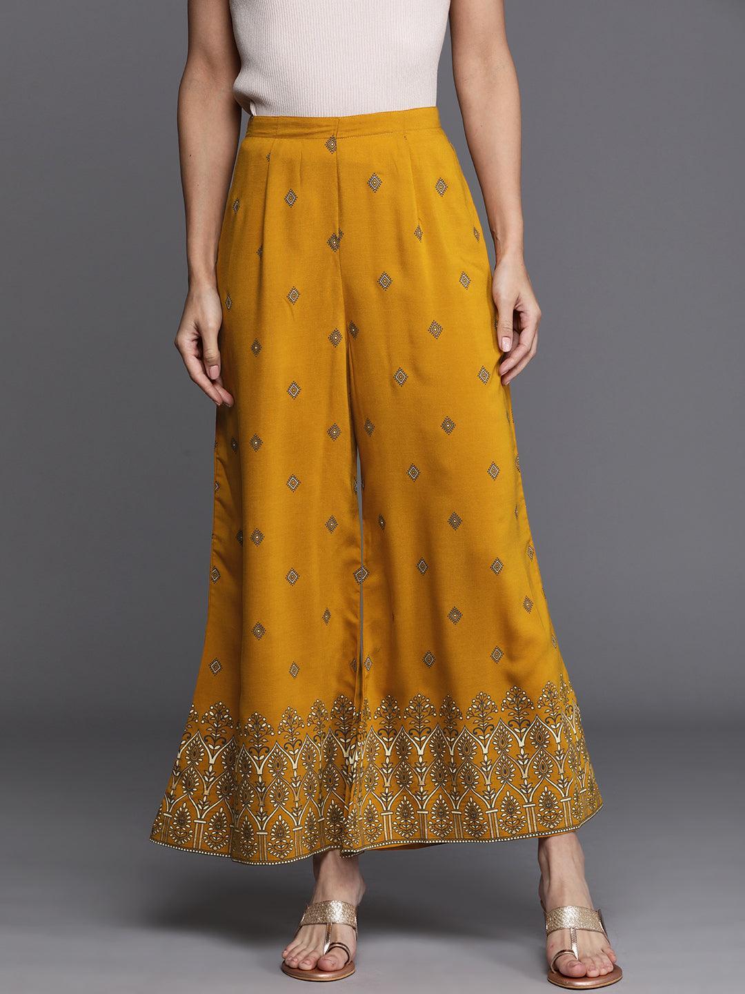 Yellow Printed Silk Palazzos - ShopLibas
