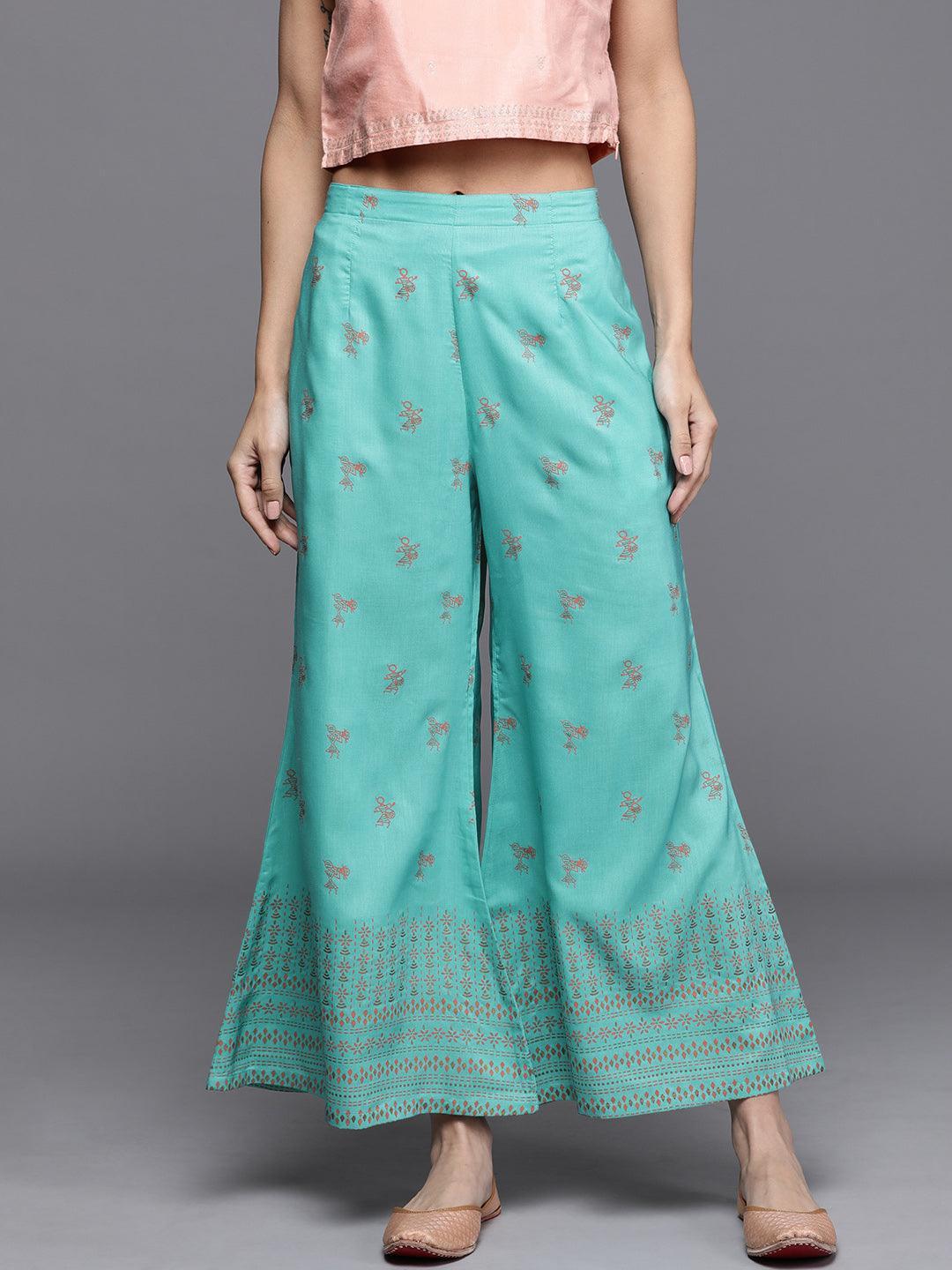 Turquoise Blue Printed Silk Palazzos - ShopLibas