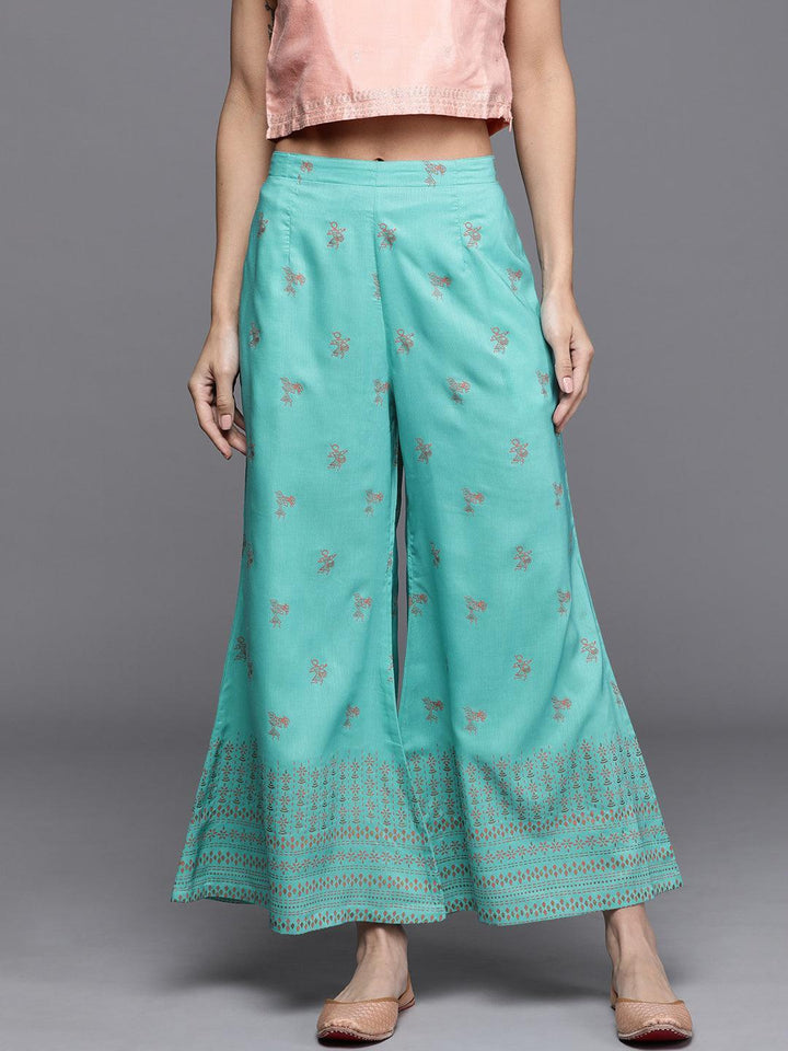 Turquoise Blue Printed Silk Palazzos - ShopLibas