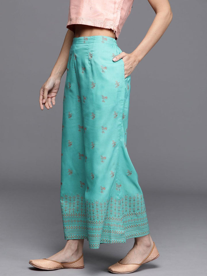 Turquoise Blue Printed Silk Palazzos - ShopLibas