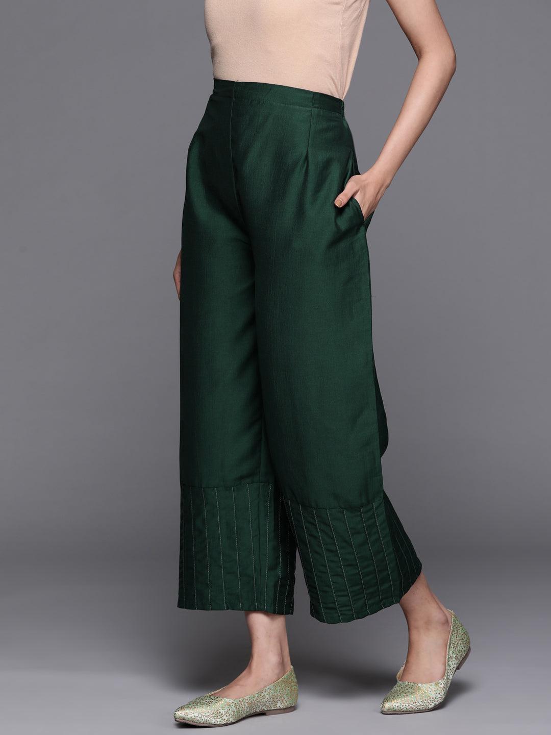 Green Solid Silk Palazzos - ShopLibas