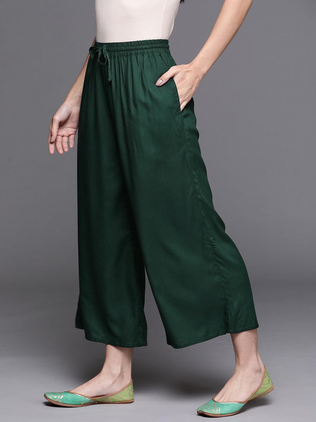 Green Solid Rayon Palazzos - ShopLibas 