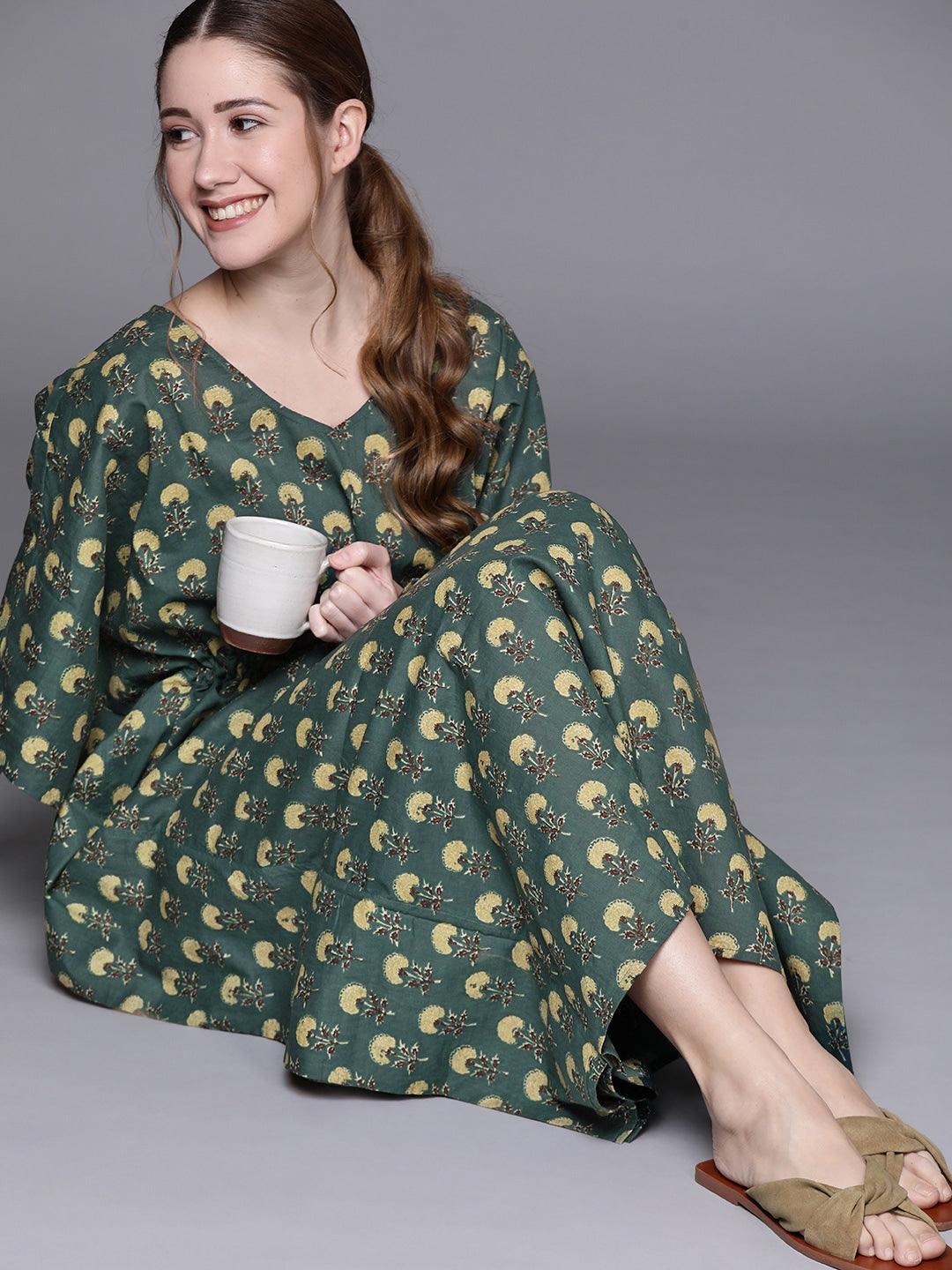 Blue Cotton Printed Kaftan Nightdress - ShopLibas