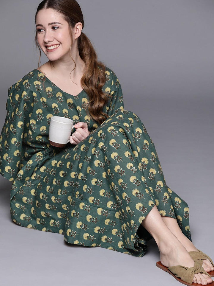 Blue Cotton Printed Kaftan Nightdress - ShopLibas