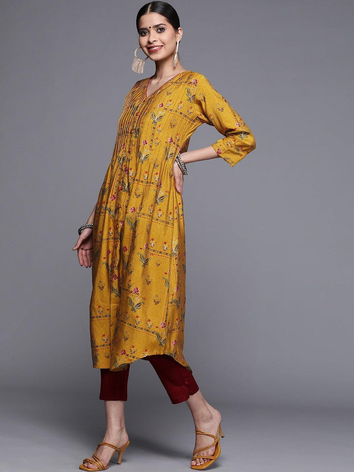 Yellow Printed Chanderi Silk Kurta - ShopLibas