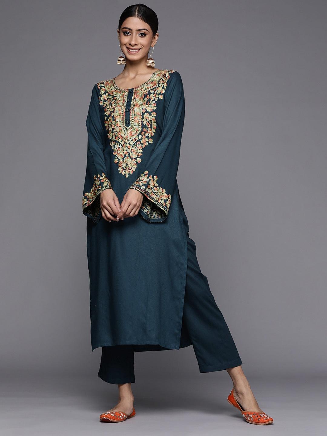 Blue Printed Pashmina Wool Kurta - ShopLibas