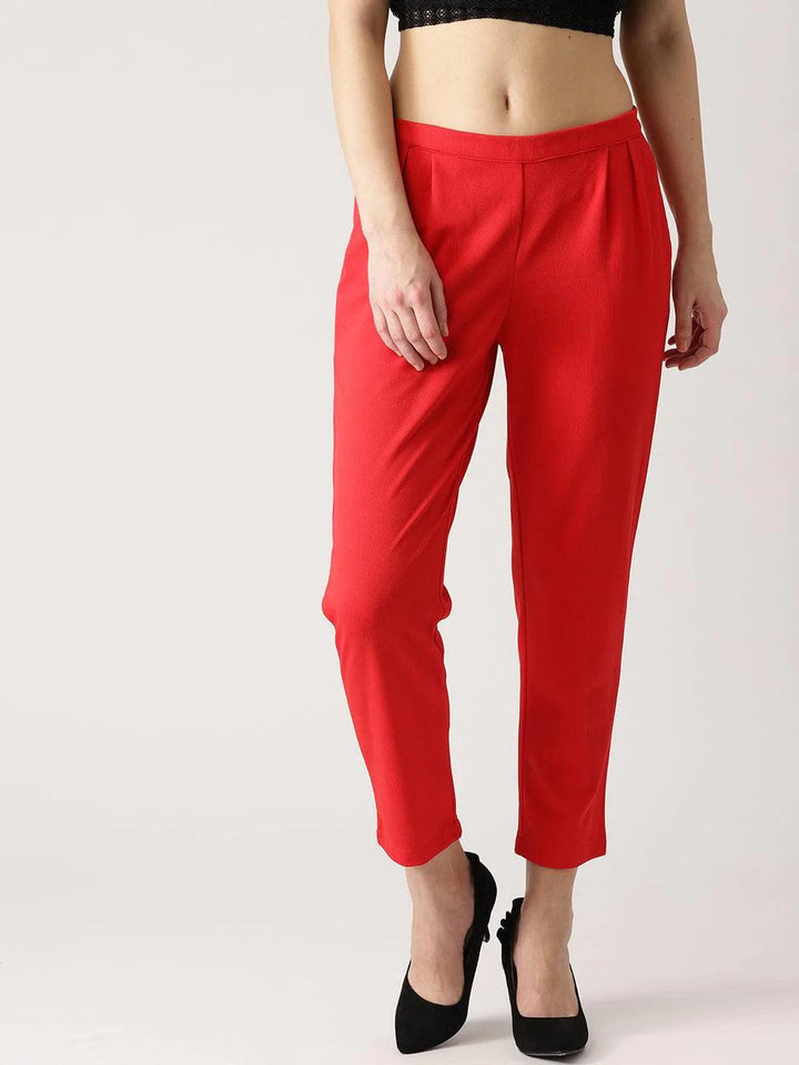 Red Solid Polyester Trousers