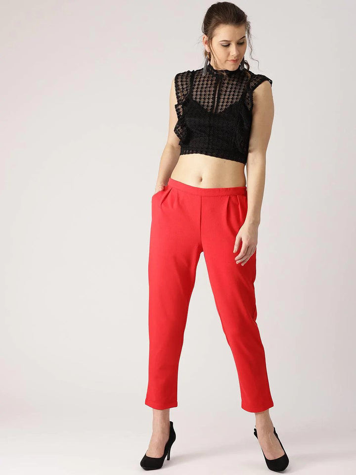 Red Solid Polyester Trousers