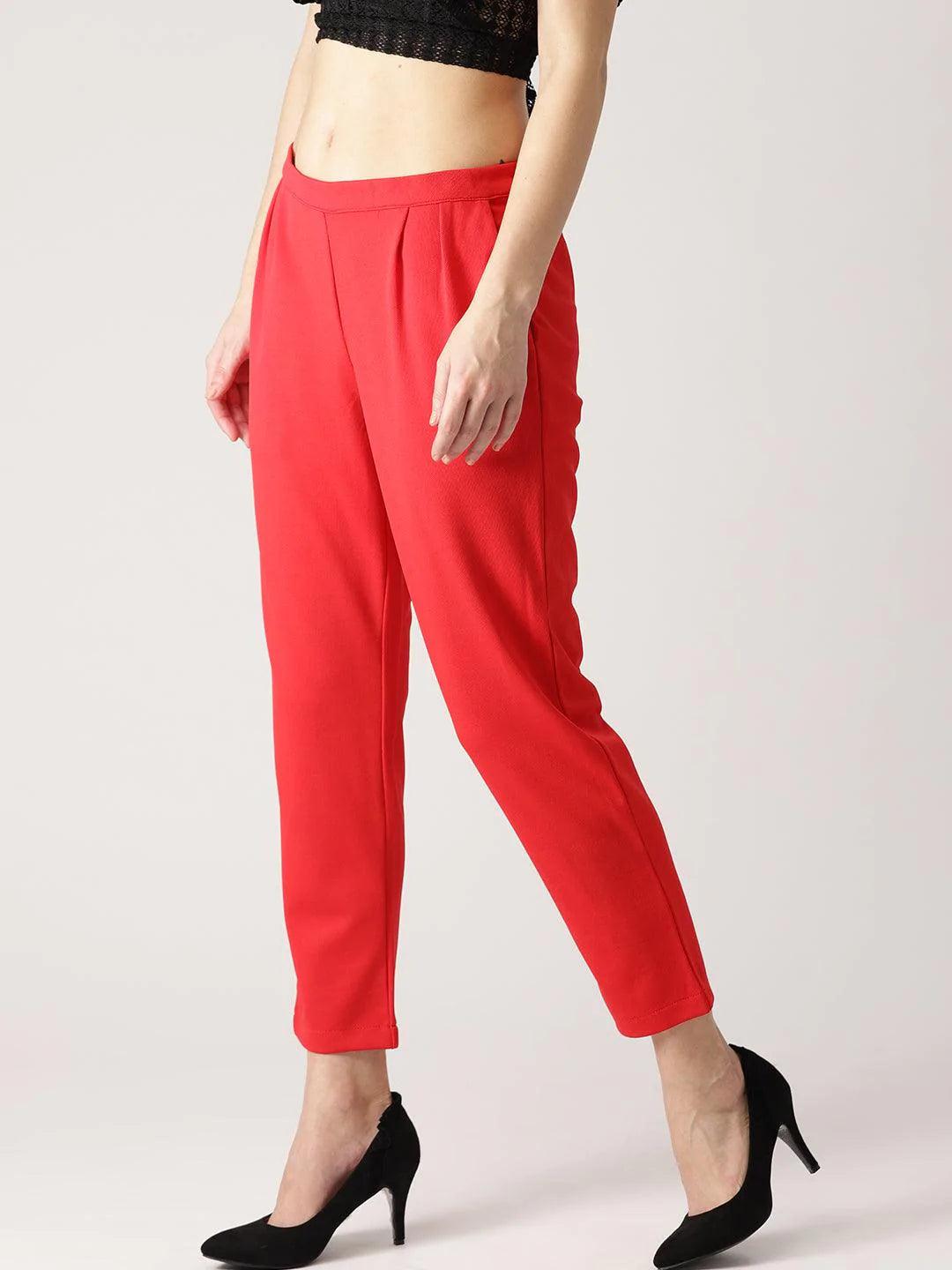 Red Solid Polyester Trousers - ShopLibas 