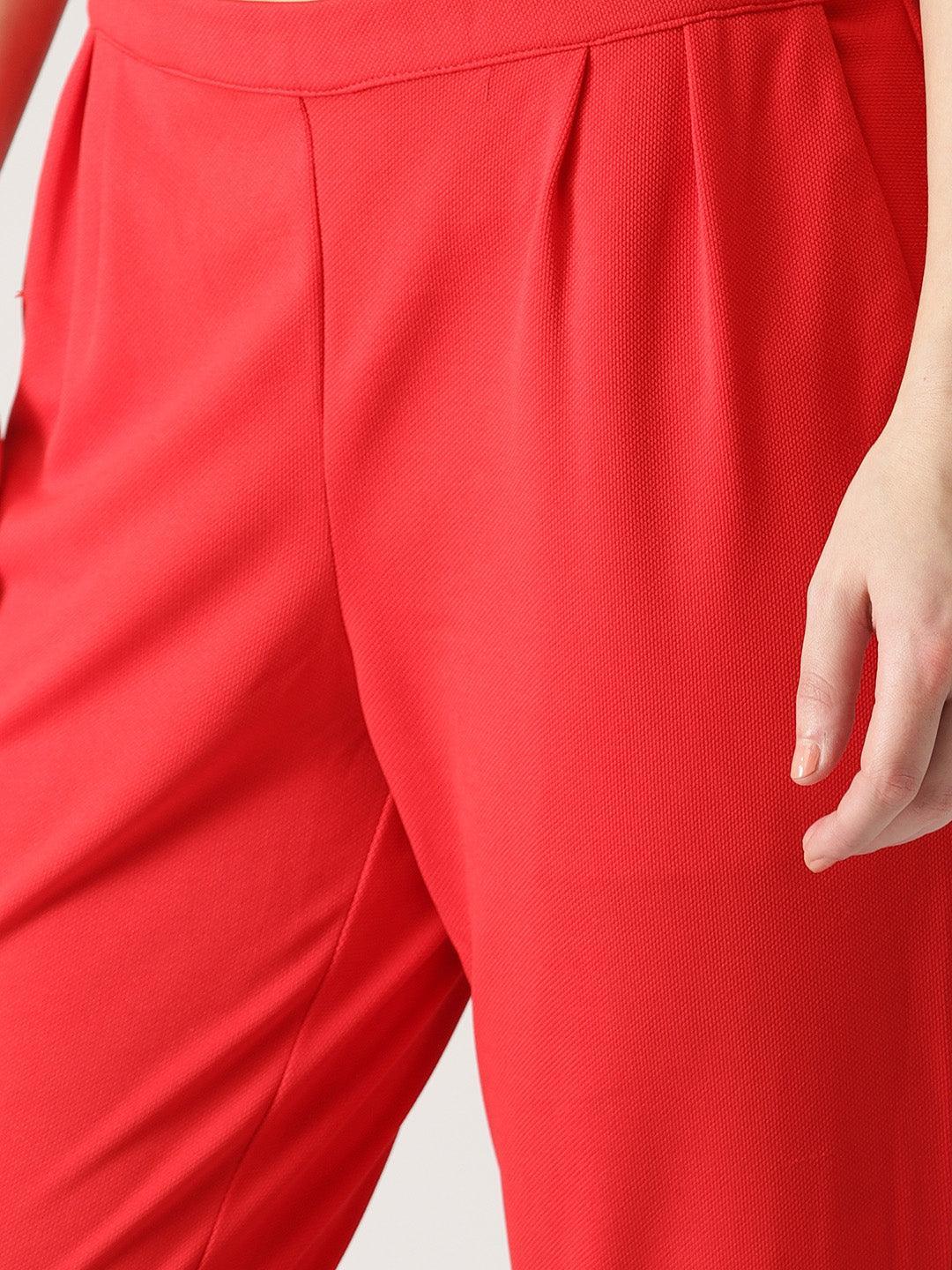 Red Solid Polyester Trousers - ShopLibas 