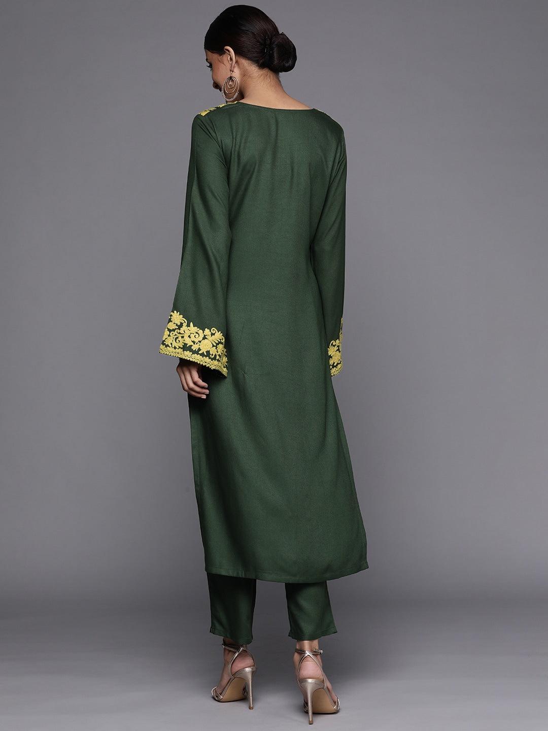 Green Printed Pashmina Wool Kurta - ShopLibas