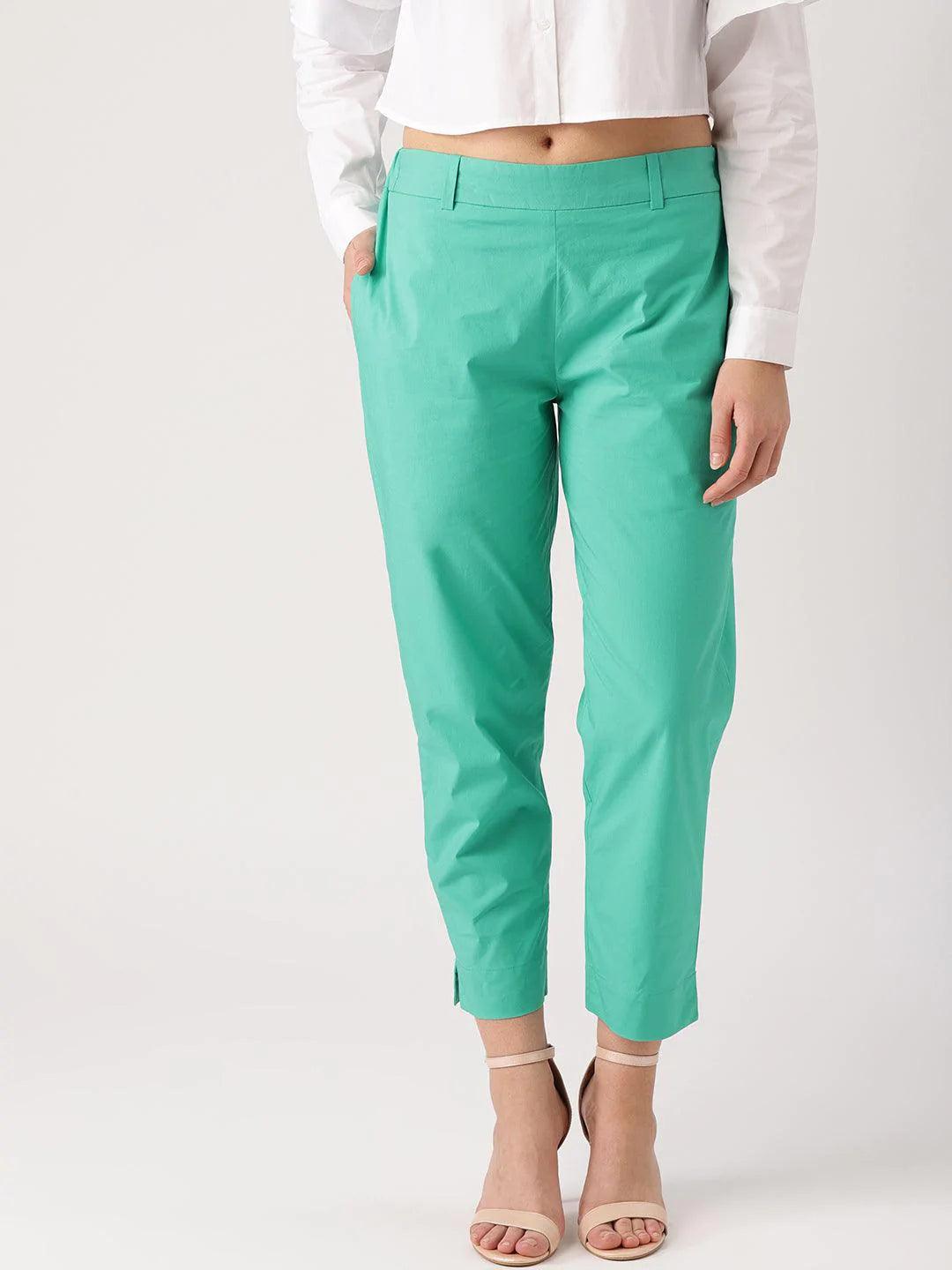 Green Solid Polyester Trousers - ShopLibas