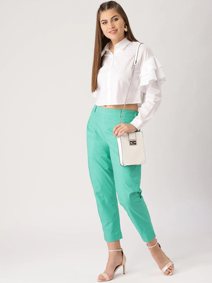 Green Solid Polyester Trousers