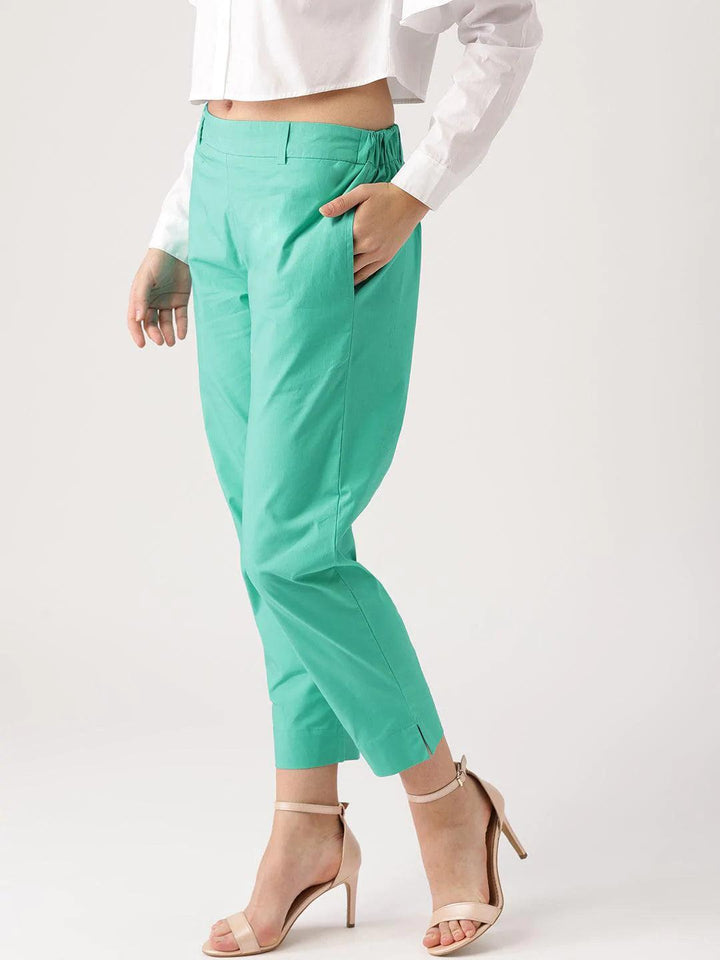 Green Solid Polyester Trousers