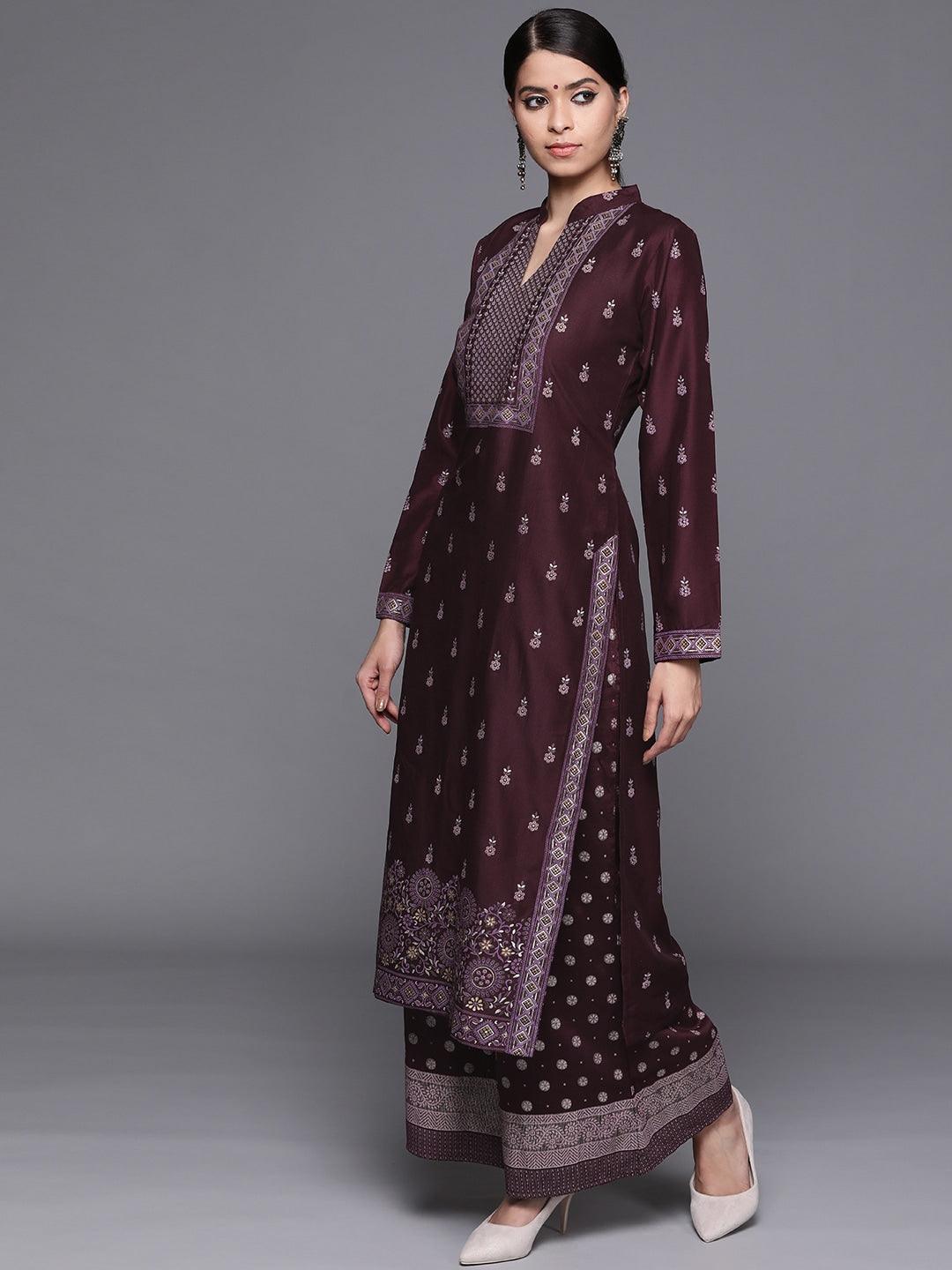Purple Printed Silk Blend Suit Set - ShopLibas