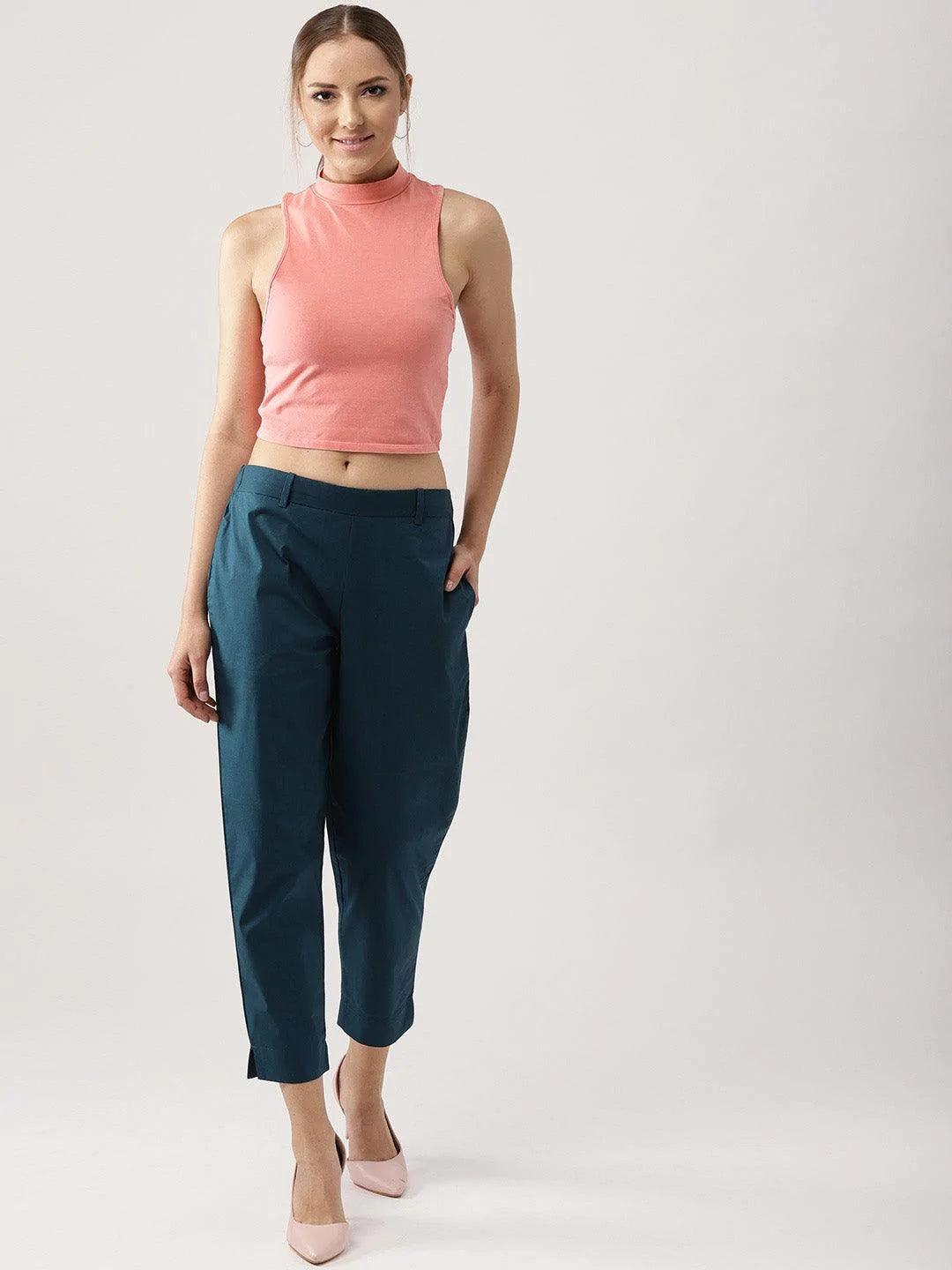 Blue Solid Polyester Trousers - ShopLibas 