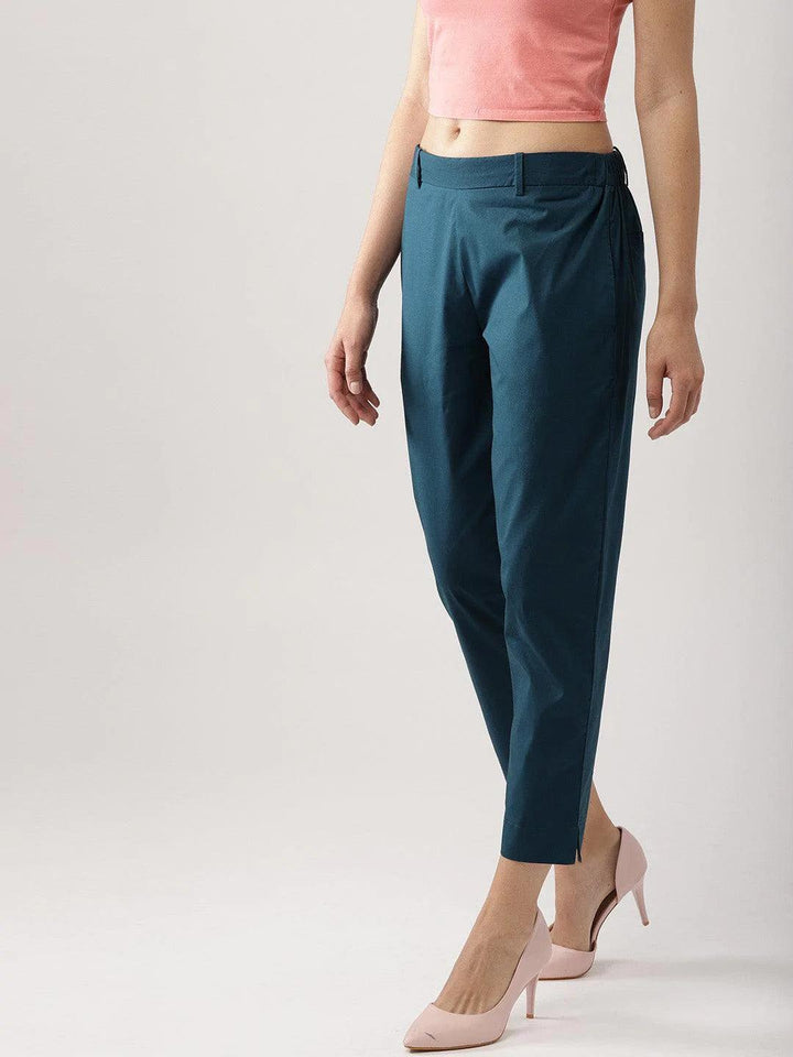 Blue Solid Polyester Trousers