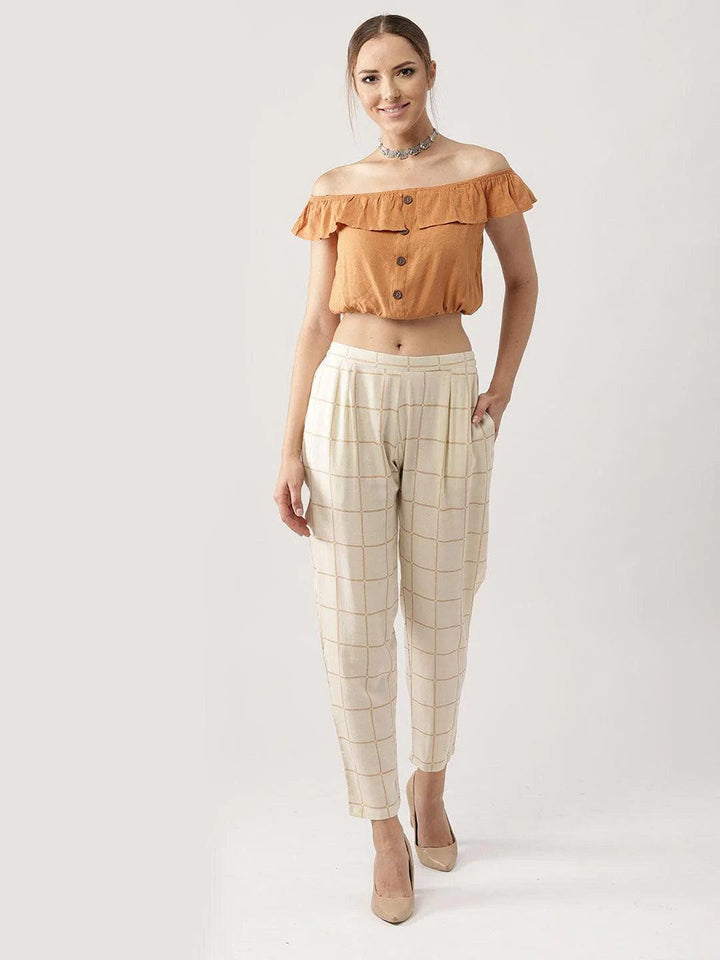 Beige Checkered Rayon Trousers - ShopLibas