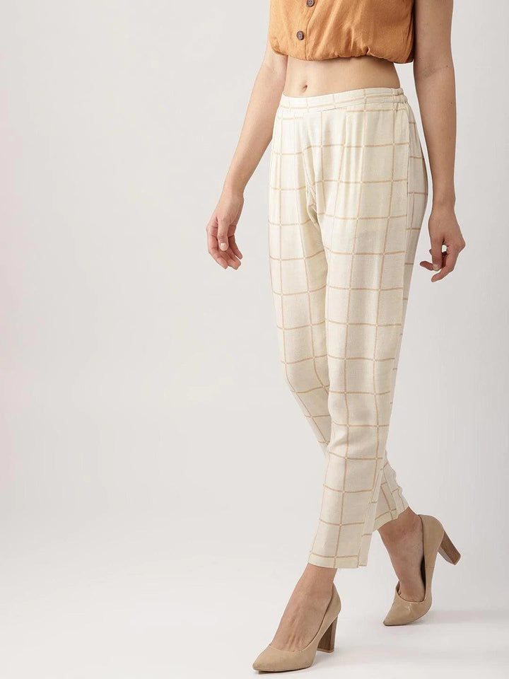 Beige Checkered Rayon Trousers - ShopLibas
