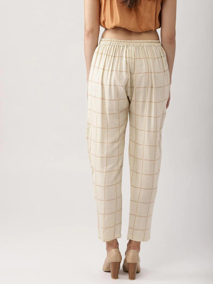 Beige Checkered Rayon Trousers - ShopLibas
