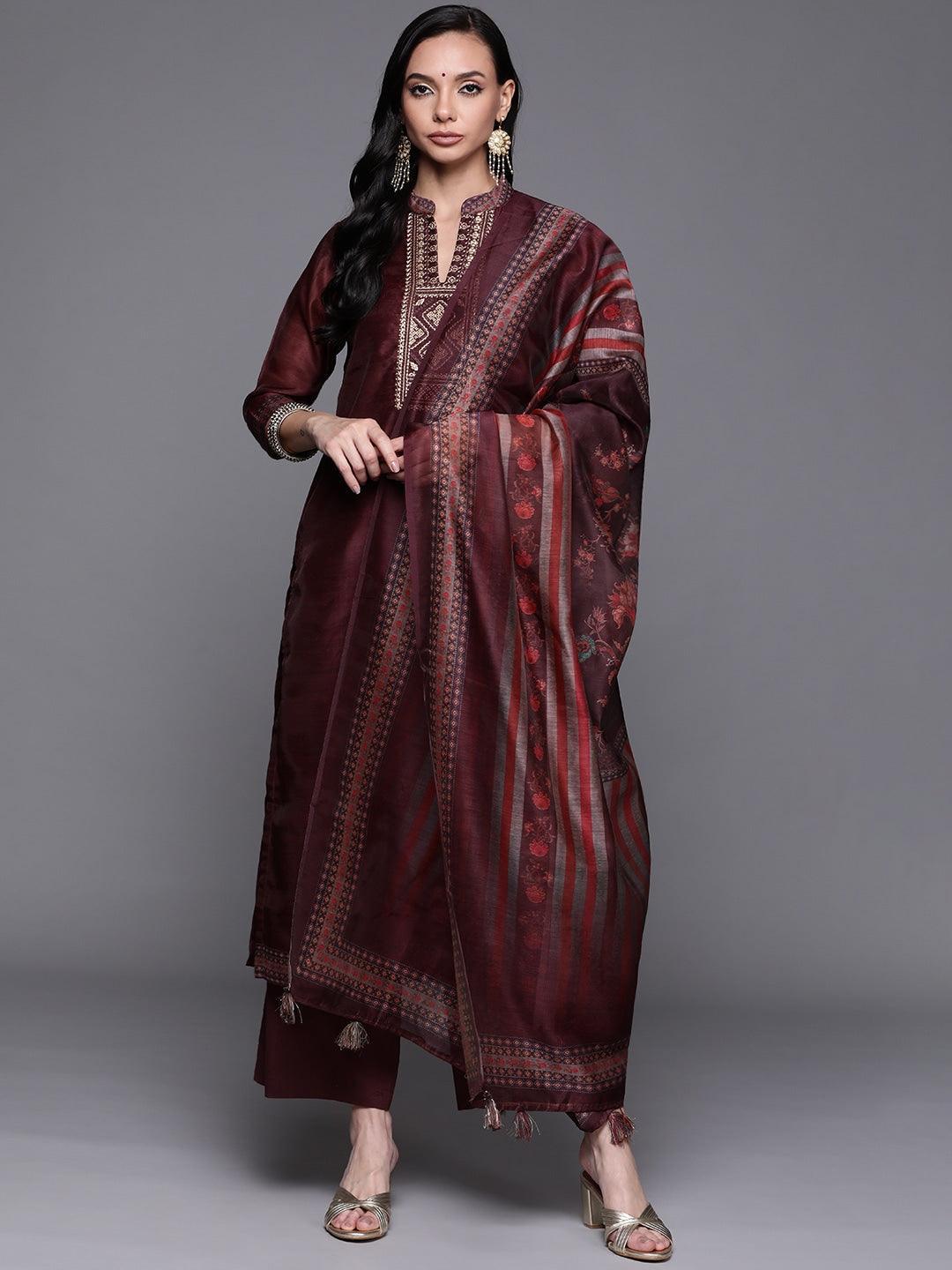 Purple Solid Silk Blend Suit Set - ShopLibas