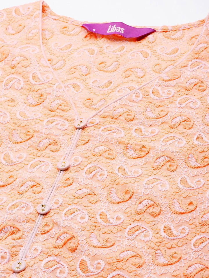 Orange Embroidered Cotton Kurta - ShopLibas
